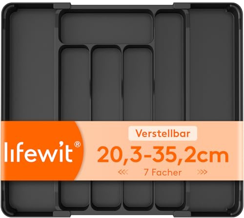 Lifewit Besteckkasten für Schublade, Verstellbarer Besteckhalter Kunststoff Besteckständer, Breite von 20 auf 35 cm, Utensilienhalter Küche Tiefe 28 cm, Küchen Organizer für Löffel/Gabeln, Schwarz