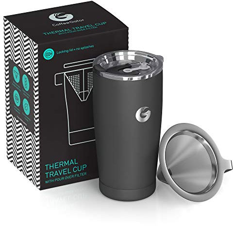 Coffee Gator Pour Over Coffee Travel Mug all-in-one Travel Coffee Maker and Thermal Cup - Vacuum Insulated Stainless Steel Cup with Paperless Filter Dripper - 585ml / 20oz (Gray)