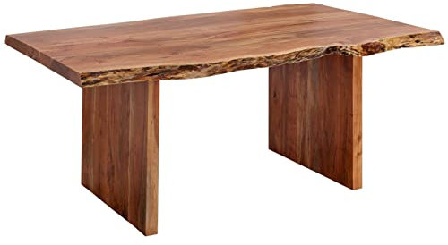 Massivmoebel24.de Massiv Esstisch Baumkante Baumtisch mit Ansteckplatte Akazie 240-300x110x78cm walnuss lackiert Freeform #201