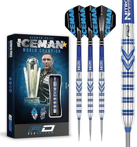 RED DRAGON Gerwyn Price Blue Iceman Originals - 24g Tungsten Darts Set | 90% Professional Steel Tip Darts with Flights & Stems | Precision Balanced | High-Performance Dart Set