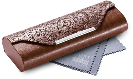 FEFI Brillenetui Hardcase - Edles Design in Relief-Leder-Optik mit Chrom-Applikation, robust und langlebig, inkl. hochwertigem Mikrofasertuch (braun)
