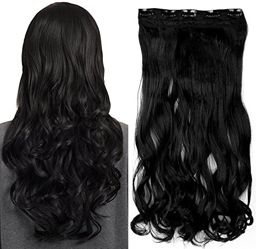 SEGO 61cm Haarteil Clip in Extensions 1 Tresse 5 Clips Haarverlängerung Human Hair wie Echthaar Gewellt Schwarz 24(61cm)-120g