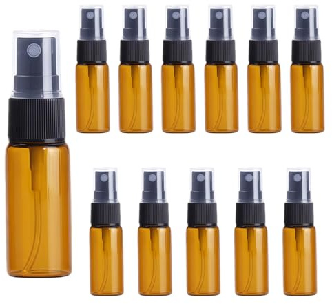 12 botellas de cristal de 15 ml de color marrón con pulverizador para aceites esenciales, botellitas pequeñas para rellenar, botellas de espray de vidrio, perfume y agua facial, recargables, lavables