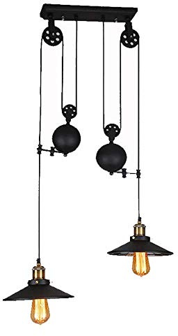 COCOL pendelleuchte vintage 2 flammig Industrie stil, Metall Pulley-Anhänger Loft-Deckenleuchte Pendelleuchte Retro Kronleuchter für Esszimmer/Wohnzimmer/Küche/Café(Schwarz mit glas)