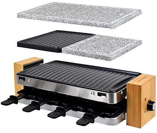 Syntrox Germany RAC-1500WB Lugano Raclette con 4 placas con placa antiadherente y placa de piedra natural (piedra caliente) para 8 personas, diseño de madera
