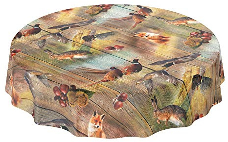 ANRO Wachstuch Tischdecke abwaschbar Wachstuchtischdecke Wachstischdecke Jagt Wild Jäger Motiv Holz Rund 140cm wasserabweisend Gartentischdecke Meterware pflegeleicht Lotuseffekt