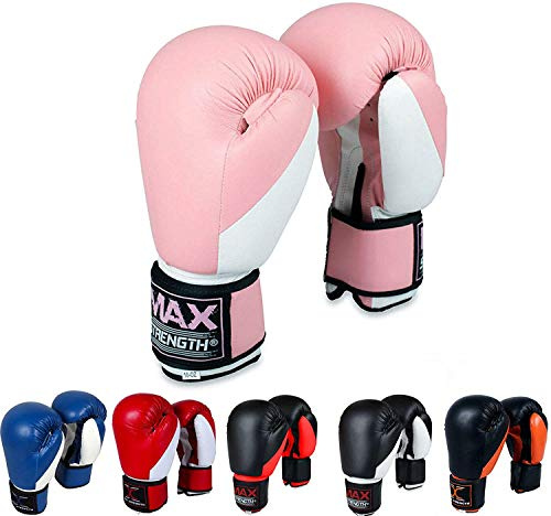 MAXSTRENGTH Boxing Gloves MMA Mitts for Sparring, Kickboxing, Heavy Punch Bag Grappling Dummy Double End Speed Ball & Focus Pads Workout 6oz, 8oz, 10oz, 12oz 14oz, 16oz (Pink/White (10oz))