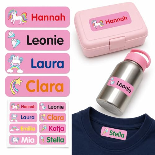 Indigos UG - Namensaufkleber Kinder Schule - 35–105 Sticker 35x10mm - Einhorn rosa - Kindergarten - mit Wunschtext personalisierbar - wasserfeste Wäscheetiketten selbstklebend