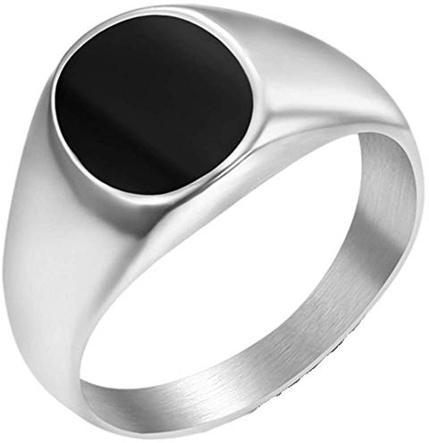 Stainless Steel Black Enamel Filled Oval Shape Signet Style Wedding Statement Promise Pinky Ring (Silver Black, 4)