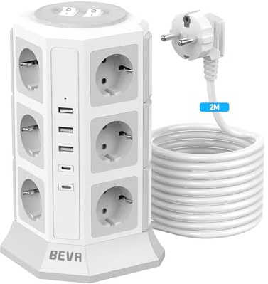 BEVA 12 Prises Tour Multiprise Parafoudre avec Câble 2M,Blanche | 2500W/10A Multiprise Electrique avec 2 Interrupteur et 2 USB-C (15W)+3 USB-A,Multiprise Parafoudre et Surtension