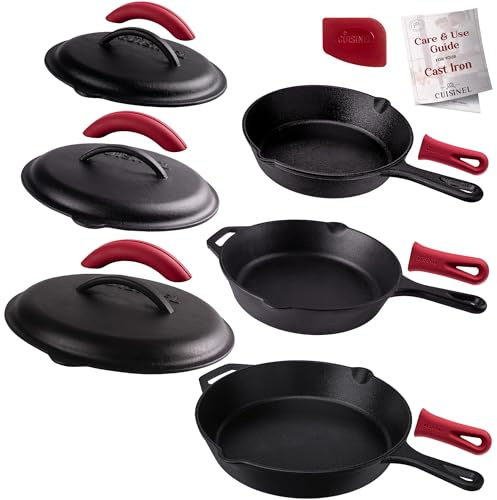 cuisinel Cast Iron Skillet Set with Lids - 8''+10''+12''-inch Pre-Seasoned Covered Frying Pan Set + Silicone Handle and Lid Holders + Scraper/Cleaner - /, Oven, Stovetop, Fire Safe Kitchen Cookware