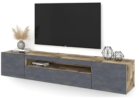 Dmora - Meuble TV Jesse, Buffet bas de salon avec 3 portes, Base pour meuble TV, 100% Made in Italy, 200x40h37 cm, Érable et Ardoise, avec lumière LED