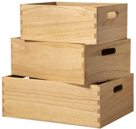 KIRIGEN Wooden Storage Crates with Handles, Set of 3, Natural | Set of 3 nesting wood crates; cut-out handles; plant oil finish; mortise-and-tenon joints; no assembly