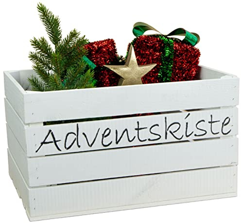 Kistenkolli Altes Land Adventskiste/Weihnachtskiste mit Schriftzug Obstkiste Weinkiste Dekokiste Geschenkekiste Weihnachtsdeko Adventskalender 50 x 40 x 29cm (weiss mit Adventskalender schwarz)