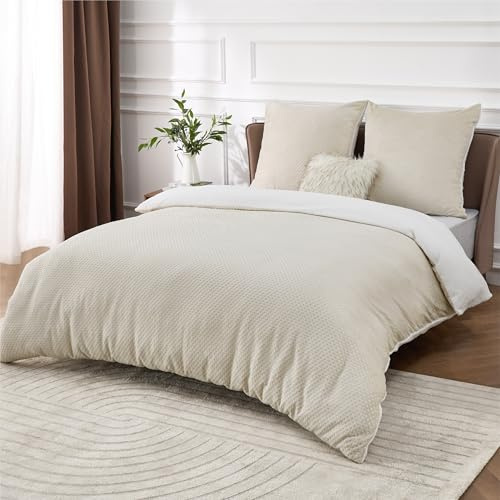 BEDSURE Flauschige Bettwäsche 155x220 Beige - Winter Bettbezug Fleece mit 2 Kissenbezüge 80x80 cm, Warme Bettwäsche-Sets mit Reißverschluss, Waffelpique Winterbettwäsche für Doppelbett | Flauschige Bettbezug, Fleece Winter Bettwäsche-Sets mit Reißverschluss, Waffel-Design, Kuschel, für Doppelbetten, OEKO-TEX