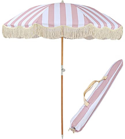2m/6.6ft Trädgårdsparaply, Utomhus Paraply med Kvast, Tippbart Runt Paraply, UPF 40+, Höjdjusterbart, för Uteplats, Strand, Pool