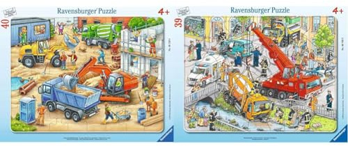 Ravensburger Kinderpuzzle - 06120 Große Baustellenfahrzeuge - Rahmenpuzzle für Kinder ab 4 Jahren & Kinderpuzzle - 06768 Rettungseinsatz - Rahmenpuzzle für Kinder ab 4 Jahren, mit 39 Teilen