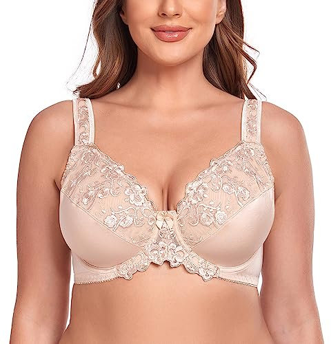 Ayigedu Women's Full Coverage Minimiser Bra Floral Lace Non Padded Plus Size Underwired Bra 38G Beige