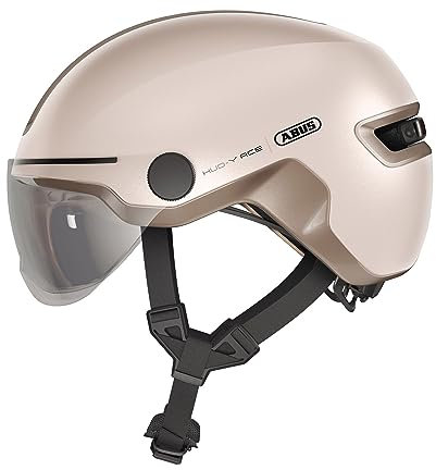 ABUS Stadthelm HUD-Y ACE - stylischer Fahrradhelm mit Visier und magnetischem, aufladbarem LED-Rücklicht - für Damen und Herren - Beige, Größe M