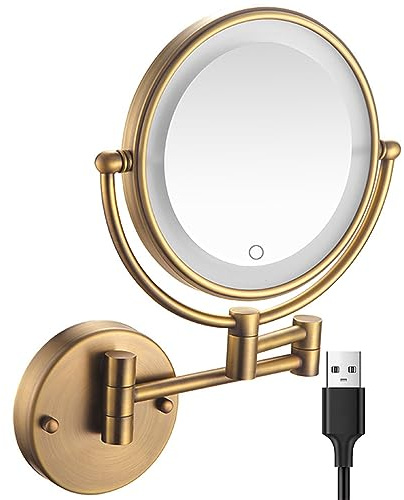YSOLDA 8-Zoll-doppelseitiger beleuchteter Make-up-Kosmetikspiegel zur Wandmontage mit Touchscreen, dimmbar, 360° drehbarer LED-Kosmetikspiegel aus Messing, Rasierspiegel für das Badezimmer,USB,10X
