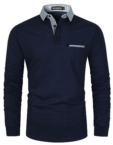VHUQGVU Poloshirt Herren Langarm Baumwolle Basic Klassische Kontrastfarbe Streifen Stitching Casual Männer Hemd Golf Sport T-Shirt,Blau,L