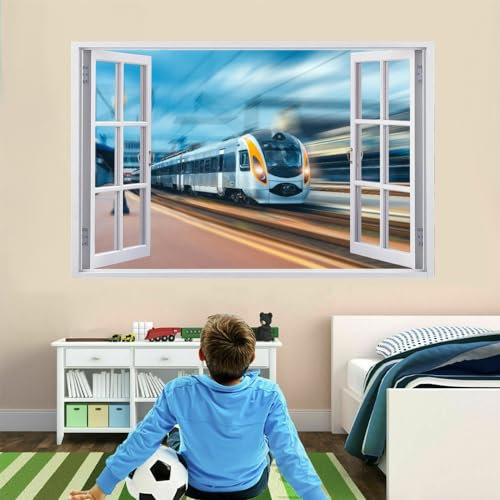 Wandsticker 3D Durchbruch Zug Wandtattoo kinderzimmer Deko Bahnhof Wandaufkleber Selbstklebend Wandbild für Junge Mädchen Teenager Zimmer Wohnzimmer Schlafzimmer 120x80cm