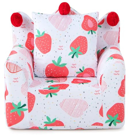 Costzon Kids Couch, Foam Filled Children's Sofa Armchair w/Padded Pillow, Washable Velvet Cover & Soft Sponge Filling, Upholstered Sofa Chair Gift for Preschool, Playroom, Toddler Couch (Strawberry)