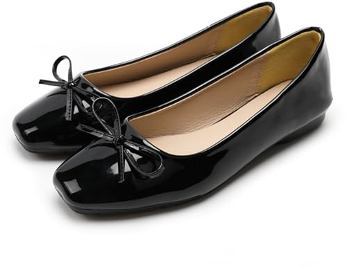 Dear Time Women's Casual Foldable Ballet Flats Square Toe Ballerina Flats Shoes Comfortable Black Patent Leather Size 7.5
