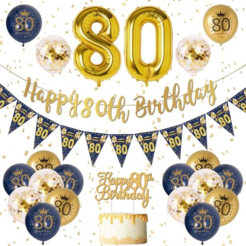 Men's 80th Birthday Decorations - Blue and Gold Banner, Navy and Gold Latex Party Balloons with Confetti, Party Supplies