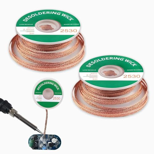 2 Pièces Tresses à Dessouder avec Flux, 2 * 2.5mm*300CM Fil à Dessouder,Mèche à Dessouder Trèsse de Dessoudage, pour Enlever la Soudure et Démonter les Composants Électriques.