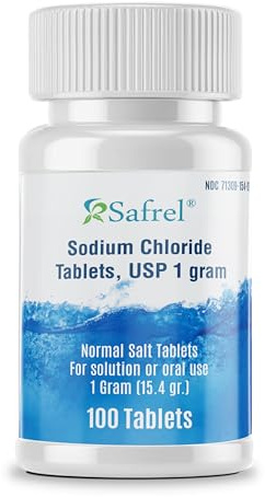 Safrel Sodium Chloride Tablets 1 gm, USP | Normal Salt Tablets | (15.4gr.) | Electrolytes Replenisher Hydration Drink (100 Count (Pack of 1), 100, Count)