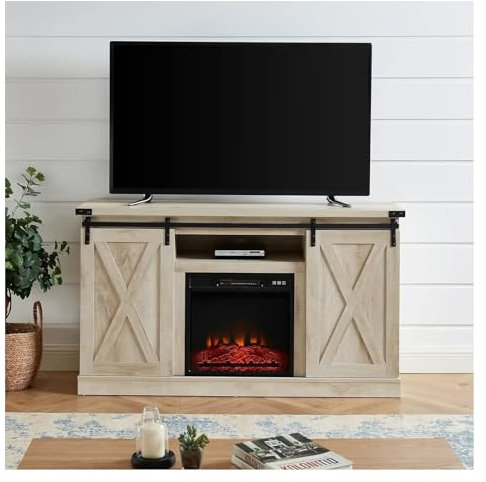 Kamin TV Schrank Bauernhaus-Kamin-TV-Ständer for TV, Schiebetür, elektrischer Kamin, Unterhaltungszentrum mit Fernbedienung Kamin(Natural Wood)