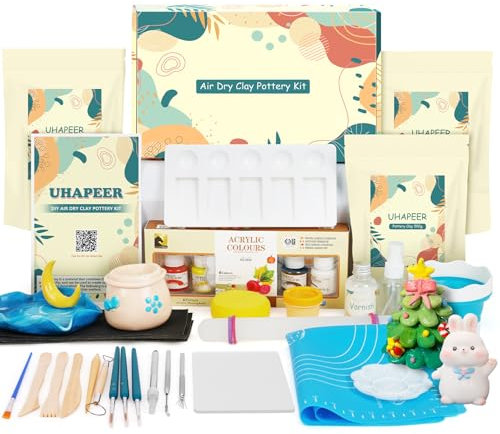 UHAPEER Töpferset für Zuhause, Ton Set Ohne Brennen, Keramik Bemalen Set Erwachsene, Selbst Töpfern für Anfänger, mit Lufttrocknenden Ton, Acrylfarben, Pinsel, Anleitung, Werkzeugen, Glanzlack