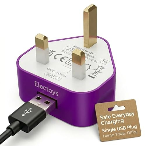 Electoys Single USB Plug UK - 5V 1A USB Plug - Fast Charger Plugs Head - UK 3 Pin Plugs With Cable Port - Main Wall Charging Adapter - Compatible with iPhone 7 8 XS Max XR 11 12 Samsung, Redmi, Huawei