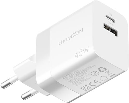 deleyCON Caricabatterie USB-A e C (2 Porte - Caricatore Rapido Compatto 45W) Alimentatore USB per iPhone 17/16/15/14/13 Galaxy S25/S24 Cellulari Pixel iPad Tablet Laptop Notebook Caricatore - Bianco