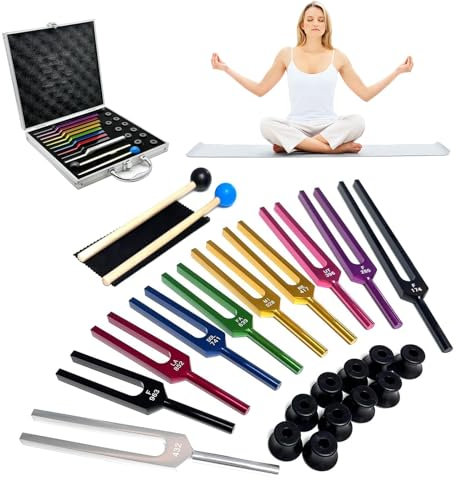 Lot de 10 fourchettes d'accordage chakra pour thérapie de guérison - 10 fourchettes de méditation non pondérées pour réduire le stress, comprend des fréquences de 174 à 963 Hz