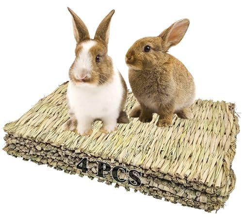 kathson 4 PCS Large Grass Mat for Rabbit, Natural Bunny Woven Hay Mat Straw Small Animal Bedding Nest for Guinea Pigs Hamster Chinchillas Puppy Biddy Sleeping Chewing Scratching