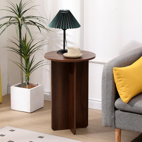 Homullel Round End Table, Small Sofa Side Table for Living Room, Wood Bedside Nightstand for Bedroom, TeaTable for Balcony Small Space (Dark Oak)