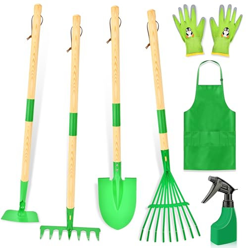 IEEILULU Attrezzi da Giardinaggio Bambini, Giocattoli da Giardino con Pala Guanti Grembiule e Annaffiatoio, Set di Attrezzi da Giardinaggio per Ragazzi e Ragazze dai 3 Anni (Verde)