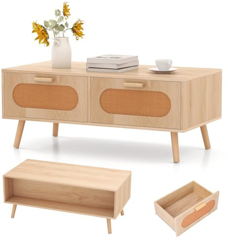 LIFEZEAL Couchtisch Holz, Wohnzimmertisch mit Schubladen & Fach, Moderner Sofatisch mit Stauraum, 100 x 50 x 41 cm, Natur, Rustikaler Stil