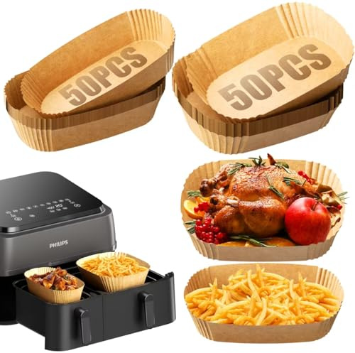 Airfryer Backpapier 100 Stück (6L x50 + 3L x50) - Passgenau für Philips Airfryer Dual Basket 3000 Series - Antihaftbeschichtet, Hitzebeständig 250°C