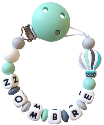 Lindo Bebé- Más colores... | Colección Balloons | Sujetachupetes personalizado con nombre del bebé | Libre BPA | A partir de +0 meses | Chupetero (a.- Mint Balloon)