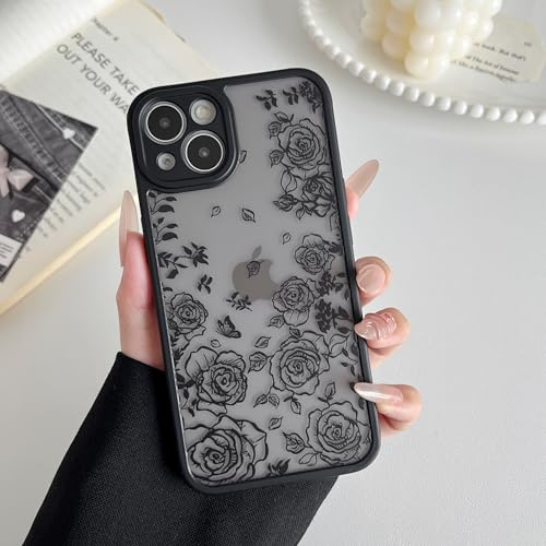 XIZYO Fleur de Rose Coque pour iPhone 15, Feuilles Rose/Noir | Mignon Esthétique Floral Motif, Design Mat Translucide Luxe, Housse Mince Femmes, Souple TPU, Antichoc Anti-Jaune
