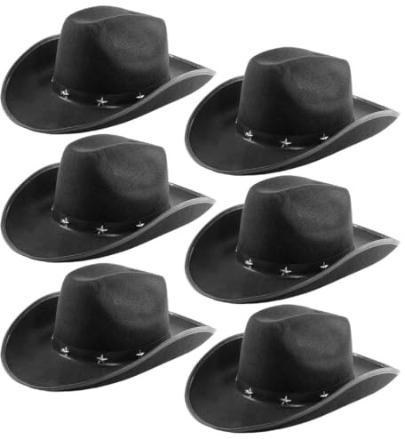 Eurovision Schwarze Cowboyhüte - 6 Stück Filz Cowgirl Hüte mit Stern - Fun Wild West Verkleidung Zubehör für Junggesellinnenabschiede, Festivals, Events & Gruppenkostüme