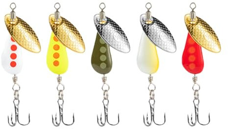 LIUZIKUN 5 cucharas para Pescar truchas, cucharillas de Pesca, cebos Duros de Metal con Anzuelo Triple, Lentejuelas, crankbaits, fáciles de Usar.