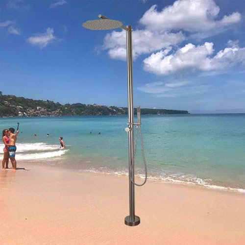 Doccia Esterna autoportante in Argento, Doccia Esterna in Acciaio Inossidabile Spazzolato con soffione a Pioggia e Doccia Portatile, Doccia da Giardino, Doccia a Bordo Piscina
