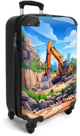 NoBoringSuitcases© Handgepäckskoffer Kinder Reisekoffer Kinderkoffer 4 | 55x35x20 cm - Rollen Leicht Koffer Cabin Trolley Hartschalenkoffer Kind Bagger - Baustelle - Landschaft