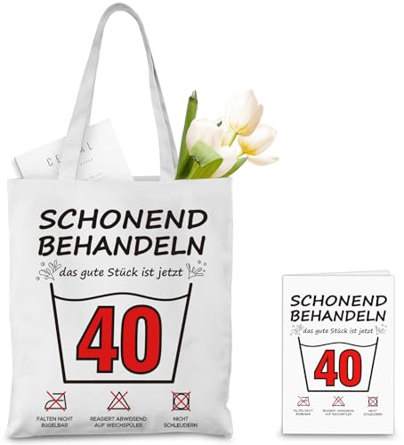 TUZELIYA 30/40/50/60 Geburtstag Baumwollbeutel Mit Geburtstagskarte - Geburtstaggeschenk für Frau Freundin Mama Kollegin - Geschenk Verpackung SCHONEND BEHANDELN Stofftasche 35 x 40 cm