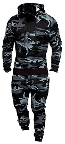 Set di pantaloni da jogging da uomo con camuffamento alla moda, felpa con cappuccio e pantaloni sportivi 2 pezzi, set casual elegante con coulisse, outfit sportivo con vita elasticizzata e a strappo