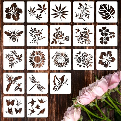 LXUEJIE 20 Pcs Flower Stencils for Painting, 3 Inch Waterproof Plastic Floral Stencils for Crafts, Reusable Drawing Stencil for Painting on Wall for Furniture DIY Crafts Canvas Home Decor